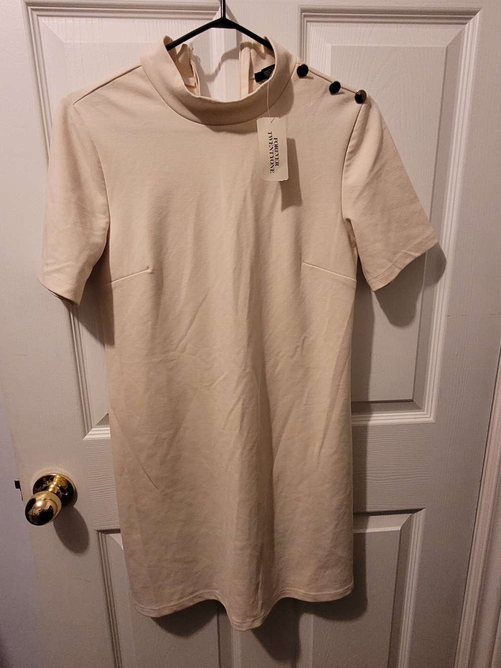 Forever 21 Cream Short-Sleeve Mock Neck Shift Dress with Shoulder Buttons